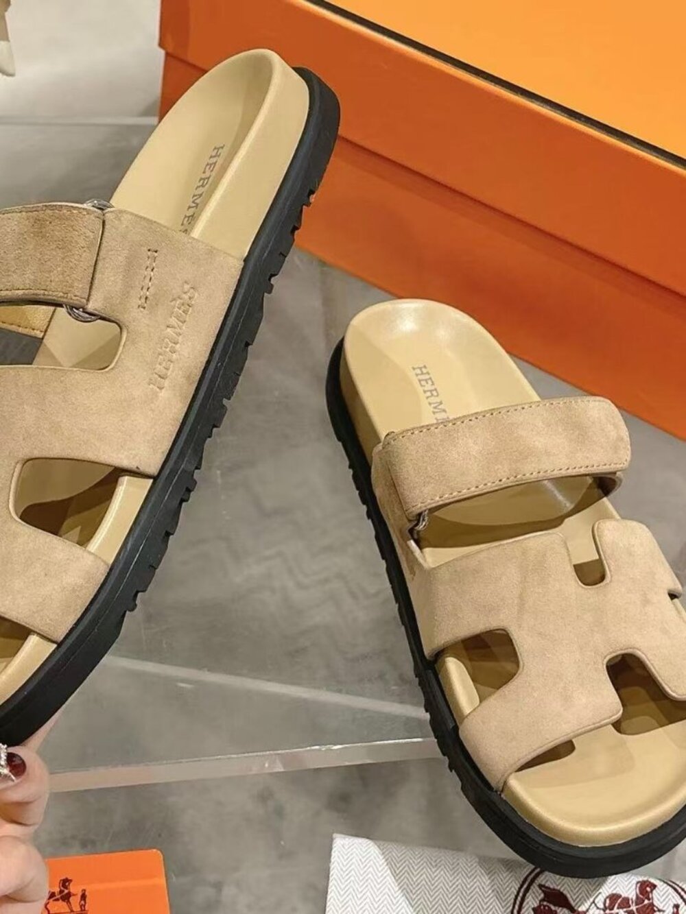 Womens Hermès Suede H Buckle Platform Slide Sandals - Picture 5 of 6